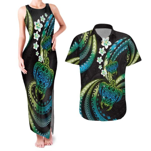 Hawaii Turtles Plumeria Couples Matching Tank Maxi Dress and Hawaiian Shirt Chartreuse Cyan Polynesian Pattern LT01 - No Dress / S / Cyan