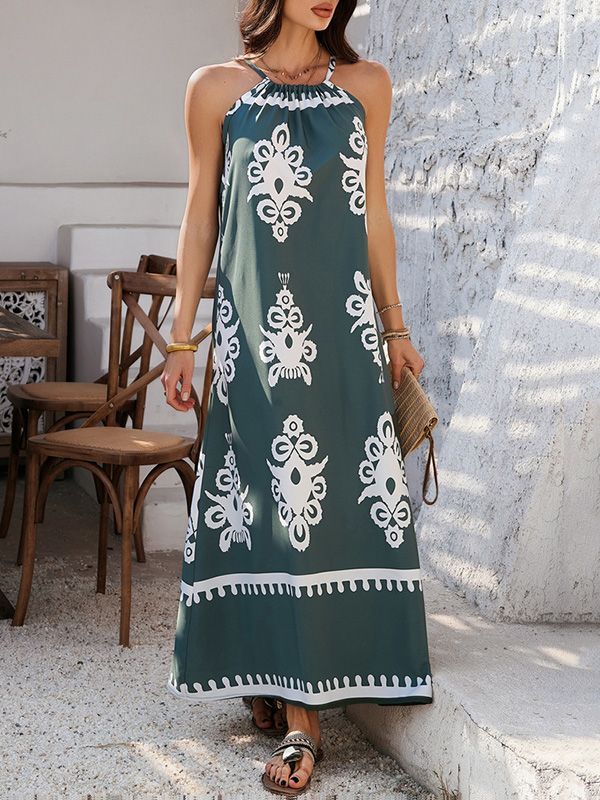 Contrast Color A-line Loose Halter-Neck Maxi Dresses GREEN-XL