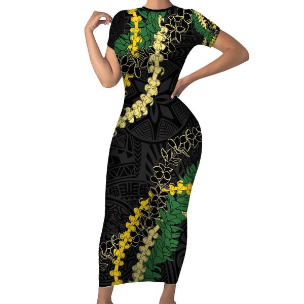 Hawaii Puakenikeni - Maile Lei Short Sleeve Bodycon Dress Obsidian Black LT7 - Long Dress / 2XL / Black