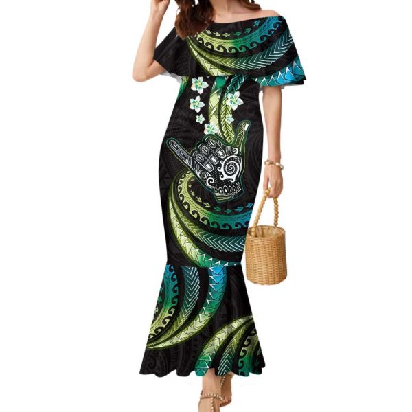 Hawaii Shaka Sign Mermaid Dress Fantastic Frangipani Chartreuse Cyan LT01 - Women / M / Cyan