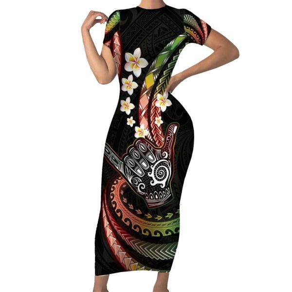Hawaii Shaka Sign Short Sleeve Bodycon Dress Fantastic Frangipani Reggae LT01 - Long Dress / 4XL / Reggae