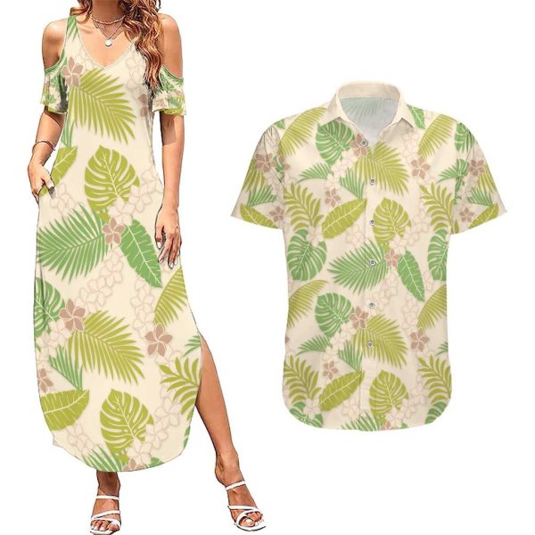 Beige Hawaii Plumeria Lei With Tropical Leaves Couples Matching Summer Maxi Dress and Hawaiian Shirt LT14 - XL / No Shirt / Beige