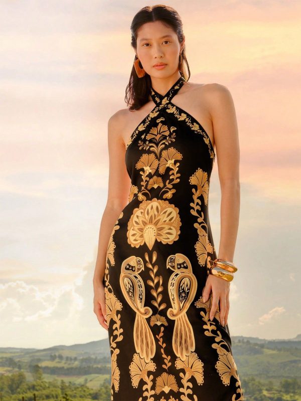 CAJUNI Women's Boho Tropical Print Vacation Casual Summer Halter Backless Split Dress, Black Ground With Orange Floral