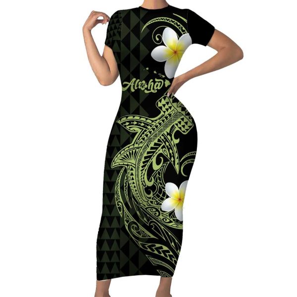 Aloha Hammerhead Shark Short Sleeve Bodycon Dress Lime Rickey Hawaiian Kakau Tribal Tattoo LT9 - Long Dress / L / Lime