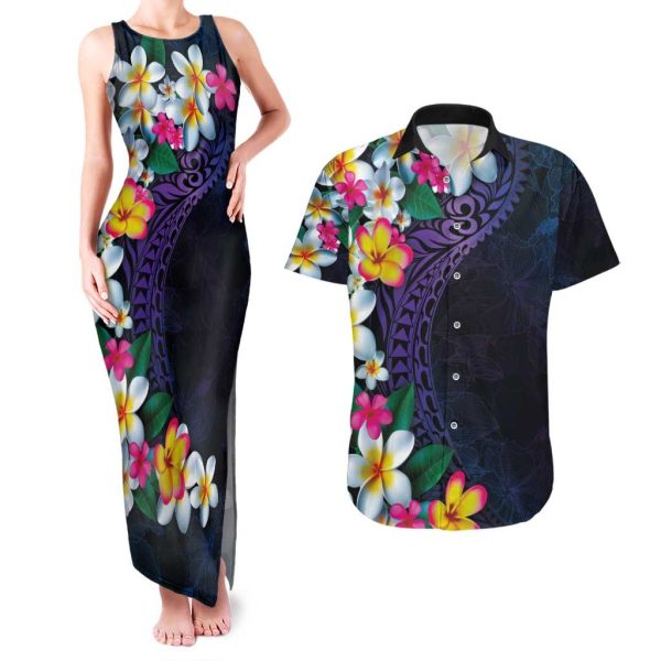 Hawaiian Plumeria-Polynesian Art Tattoo Frosted Blue Violet Color Couples Matching Tank Maxi Dress and Hawaiian Shirt LT03 - No Dress / S / Blue