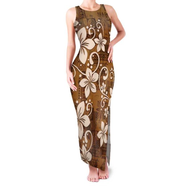 Plumeria Floral Tapa Pattern Vintage Gold Family Matching Tank Maxi Dress and Hawaiian Shirt LT01 - Mom's Dress / XL / Gold