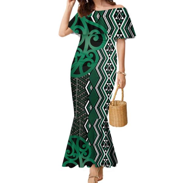 Maori Taniko Patterns Family Matching Mermaid Dress and Hawaiian Shirt Pounamu Patiki Motifs Mix Whakairo Ngaru LT7 - Mom's Dress / 6XL / Green