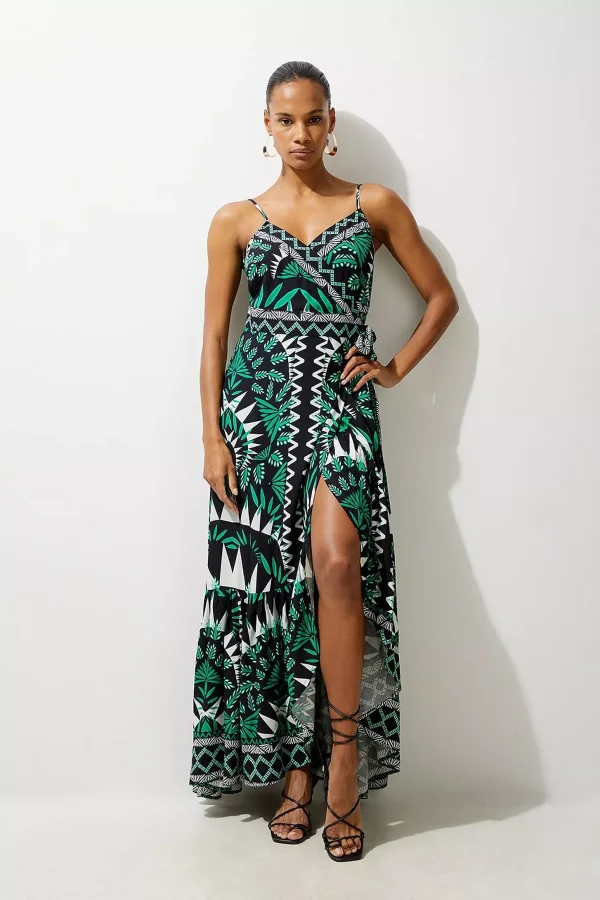 Mono Printed Viscose Woven Strappy Beach Maxi Dress | Karen Millen