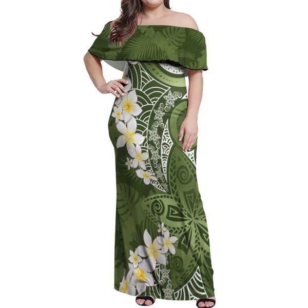 Green Polynesian Tribal Frangipani Tropical Vibe Off Shoulder Maxi Dress LT14 - Women / M / Green