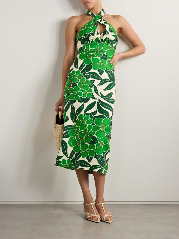 Cara Cara - Perla Printed Linen Halterneck Midi Dress - Green - US10