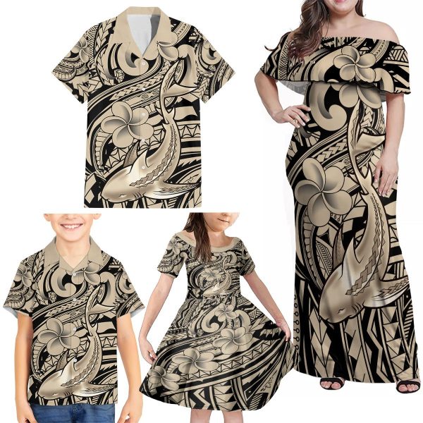 Polynesian Shark Tribal Tattoo Family Matching Off Shoulder Maxi Dress and Hawaiian Shirt Beige Style LT9 - Daughter's Dress / 14 / Beige