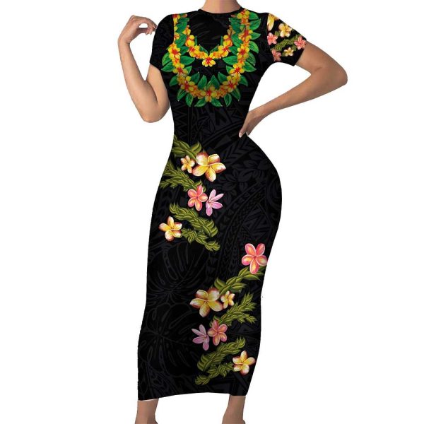Hawaiian Lei Plumeria and Tropical Leaves Short Sleeve Bodycon Dress Watercolor Style LT03 - Long Dress / L / Black