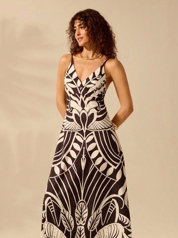 CAJUNI Women's Boho Tropical Black And Beige Print Dress, Casual Vacation Summer Dress