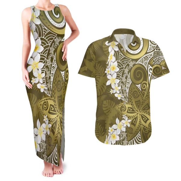 Gold Polynesian Tribal Frangipani Tropical Vibe Couples Matching Tank Maxi Dress and Hawaiian Shirt LT14 - 2XL / 2XL / Gold