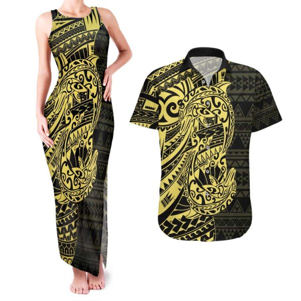 Yellow Couple Dolphins Maori Polynesian Style Couples Matching Tank Maxi Dress and Hawaiian Shirt LT9 - 2XL / No Shirt / Yellow