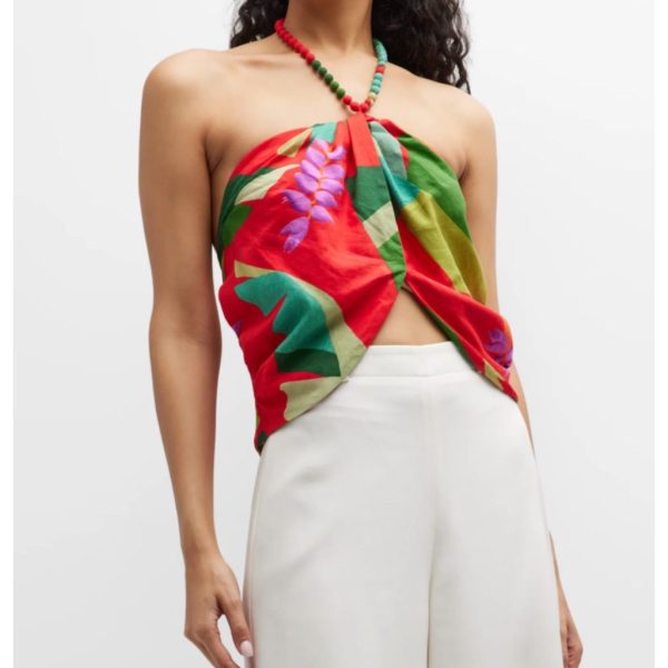 Farm Rio Tops | Nwt $135 Farm Rio Heliconia Halter Crop Top In Heliconia Red - Size X-Large! | Color: Red | Size: Xl