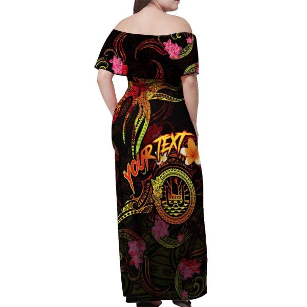 Tahiti French Polynesia Off Shoulder Maxi Dress Octopus Plumeria Polynesian Tattoo DT02 - Women / 4XL / Black