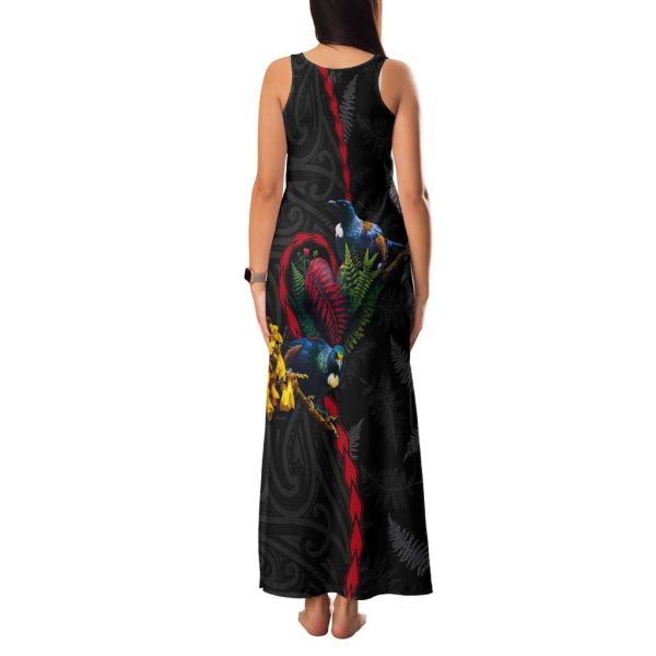 New Zealand Tui Birds Love Couple Tank Maxi Dress The Heart of Silver Fern Leaves and Maori Tattoo Pattern LT03 - Women / 3XL / Black