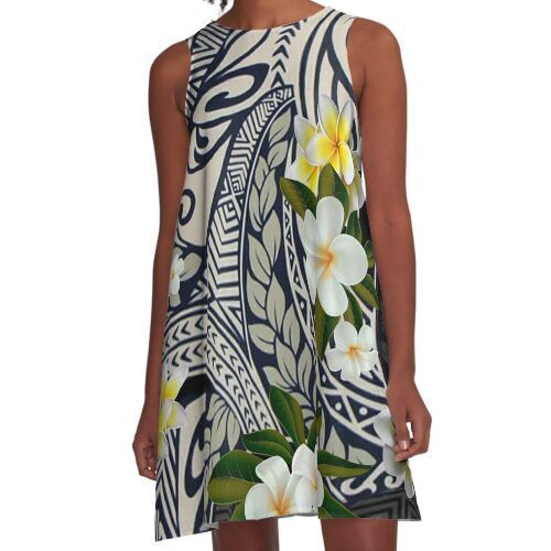 Traditional Hawaiian Tapa And Plumeria A-Line Dress
