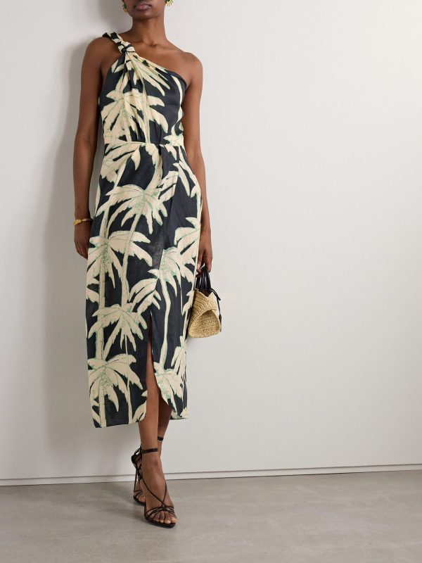 Johanna Ortiz - Dark Palms One-shoulder Printed Linen Wrap-effect Midi Dress - Black - US4