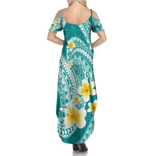 Plumeria Polynesian Teal Glitter Pattern Summer Maxi Dress LT01 - Women / 5XL / Teal