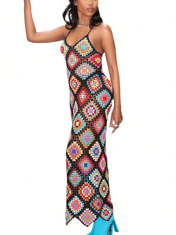 Women Sling Long Dress, Sleeveless V Neck Retro Floral Casual Party Spring Summer Dress