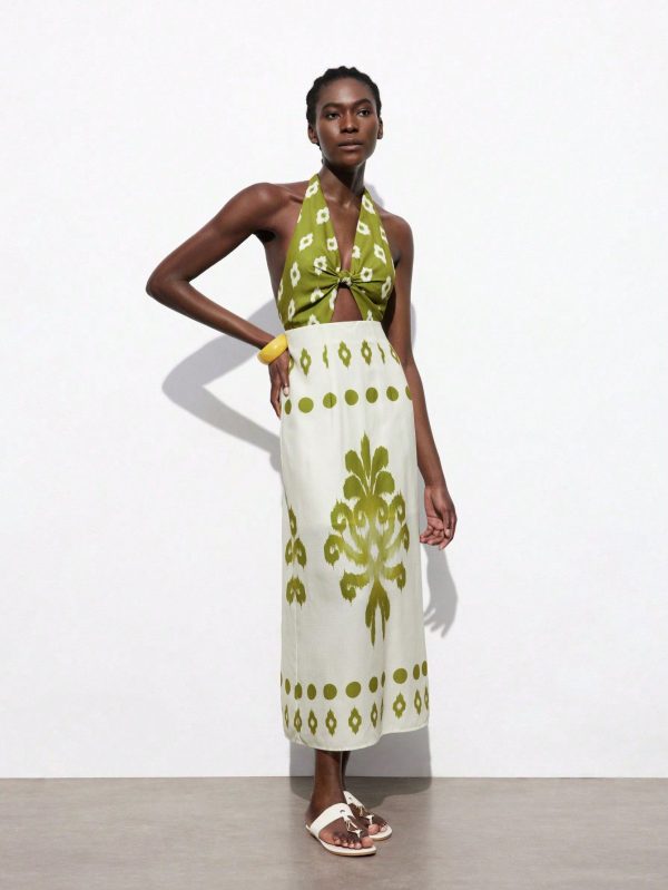 Summer Women Dresses Women's Long Geometric Print Vacation Vibe Dress With Twisted Bust And Cut-Out Waist, Halter Neck