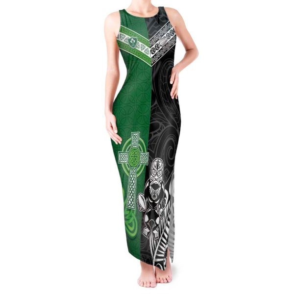 New Zealand And Ireland Rugby Custom Tank Maxi Dress Maori Tiki With Shamrock LT05 - Women / 3XL / Black