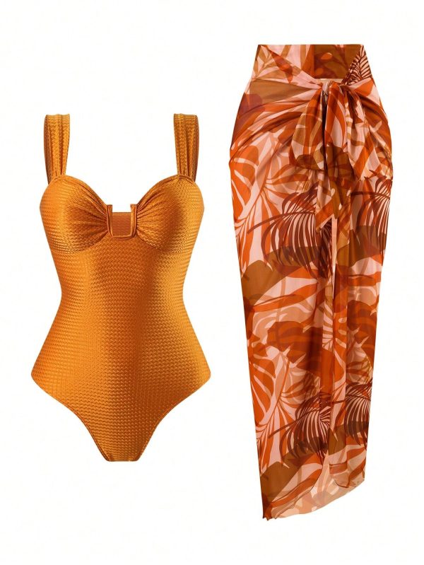 Springbreak Women's Summer Vacation Solid Textured U-Neck Strappy Backless Matched With High-End Printed Mesh Beachwear Swimsuit Set, Festival Boho