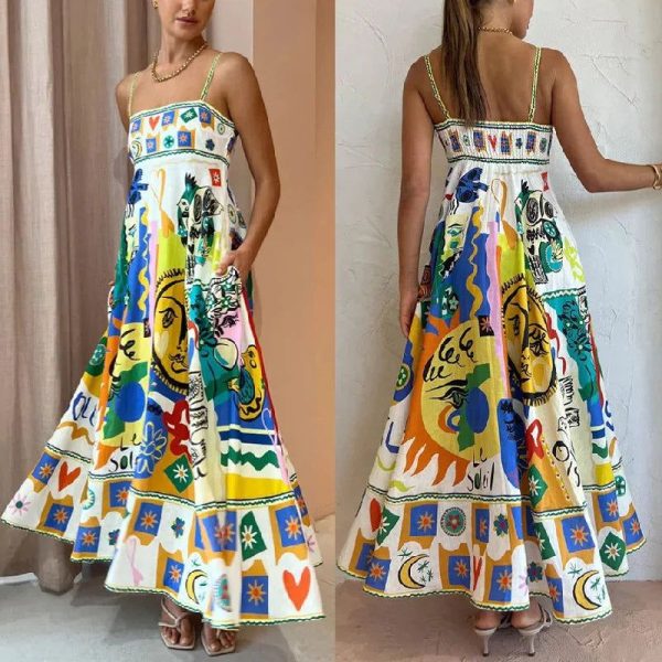 Elegant Printed Sleeveless Swing Dress Women's High Waist Suspender Backless Sexy Women's Summer Beach Vacation Robe - yellow / S