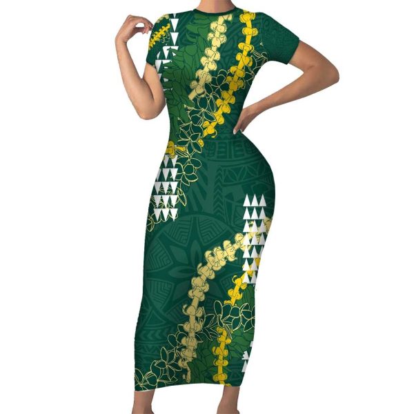 Hawaii Aloha Kakau Short Sleeve Bodycon Dress Green Puakenikeni and Maile Lei Twist LT7 - Long Dress / 3XL / Green