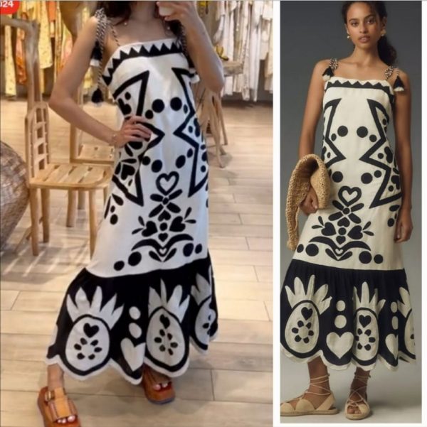 Farm Rio Dresses | Farm Rio Square Neck Patchwork Maxidress | Color: Black/White | Size: M