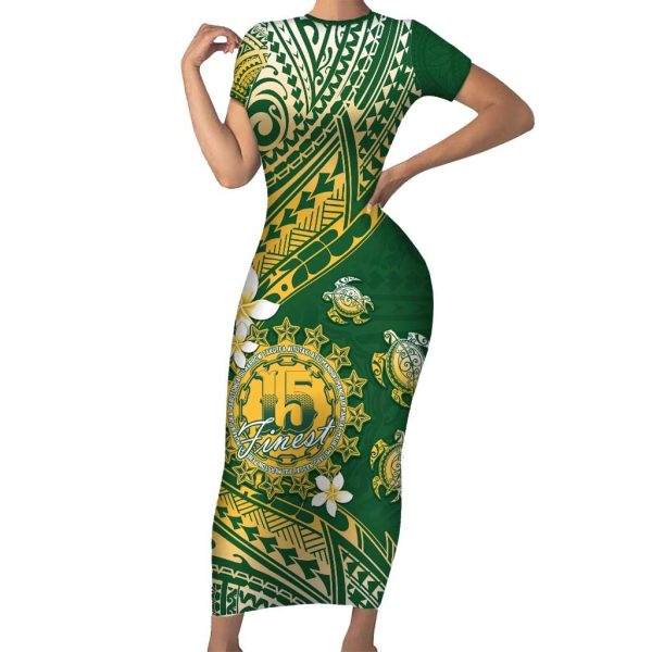 Cook Islands 15 Finest Short Sleeve Bodycon Dress Plumeria Polynesian Turtle LT05 - Long Dress / M / Green