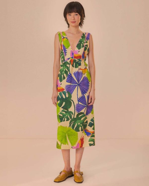 Sand Macaw Jungle V Neck Midi Dress - XL