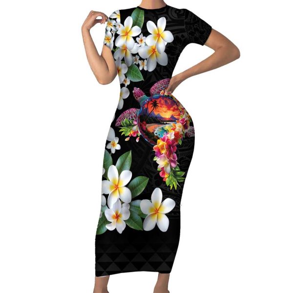 Hawaiian Lei Day Short Sleeve Bodycon Dress Plumeria and Turtle with Polynesian Tribal Pattern LT03 - Long Dress / L / Black