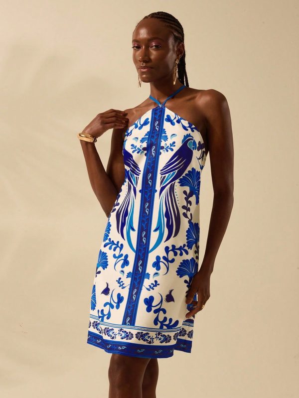 Robe mini sans manches à col ras-du-cou à imprimé plante tropicale, perroquet, bleu et blanc pour femme. Robe de plage d'été décontractée pour les vacances.