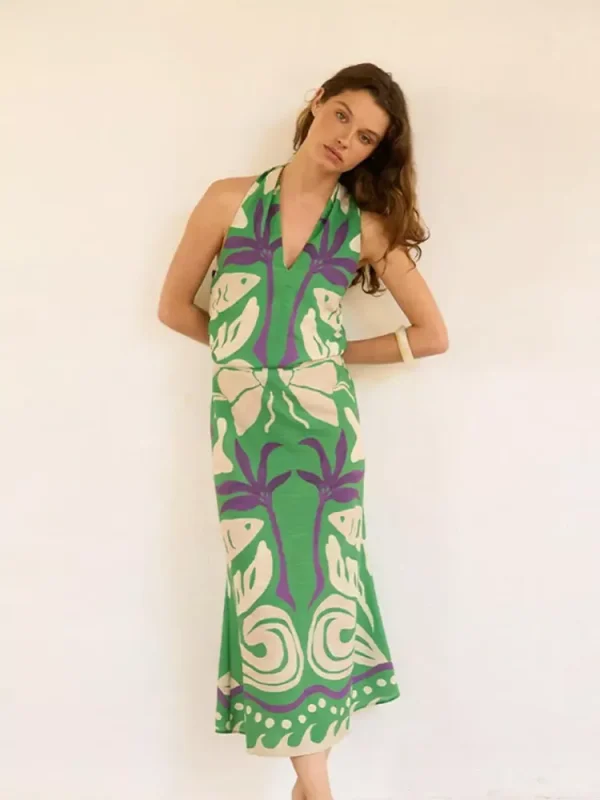 Zingj Women Sexy Sleeveless Backless Halter Print Tops Sets Fashion High Waist Slim Long Skirts Suits Summer Female Vocation Outfits Green-S