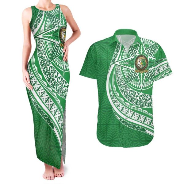 Tonga Liahona High School Personalized Couples Matching Tank Maxi Dress and Hawaiian Shirt Ngatu Tokelaufeletoa Motifs LT7 - 3XL / 5XL / Green