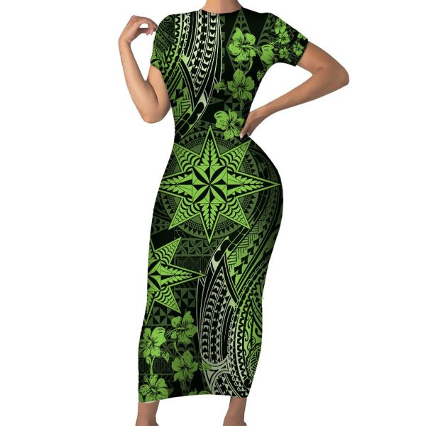 Vintage Tonga Tribal Ngatu Pattern Short Sleeve Bodycon Dress With Pacific Floral Lime Green Art LT9 - Long Dress / L / Lime Green