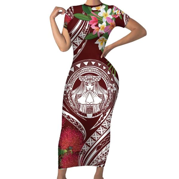 Aloha Hawaii Big Island Short Sleeve Bodycon Dress Ohia Lehua Wahine LT7 - Long Dress / M / Red