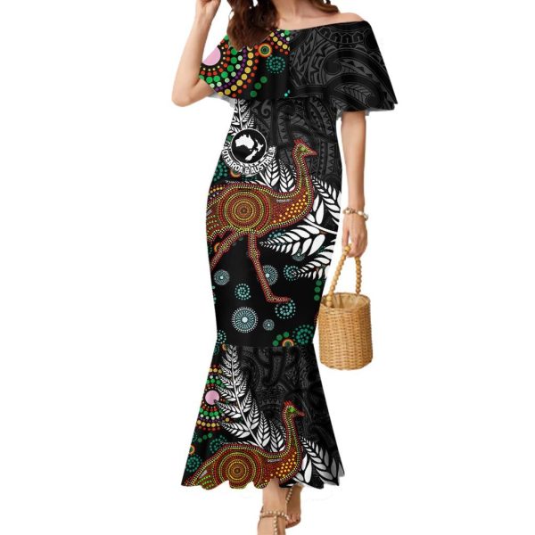 New Zealand Fern and Australia Emu Mermaid Dress Aboriginal Mix Maori Pattern LT03 - Women / M / Blue