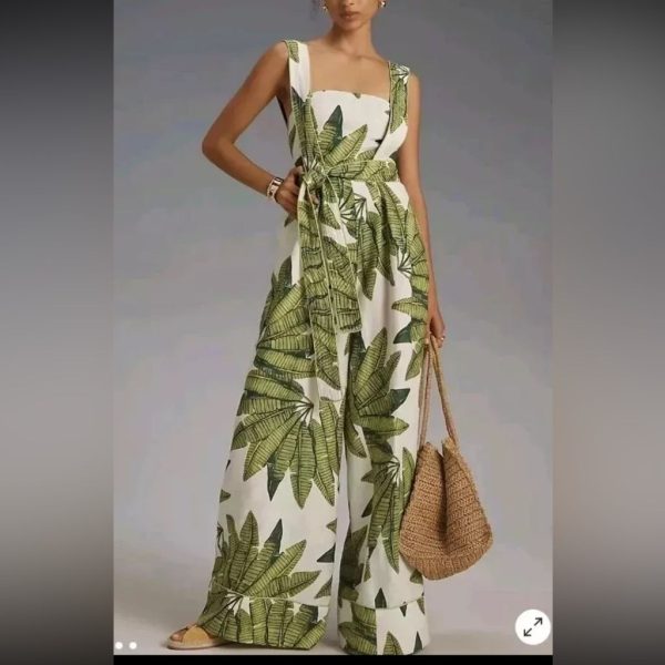 Farm Rio Pants & Jumpsuits | Leaf Print Jumpsuit In Green And White | Color: Green/White | Size: M