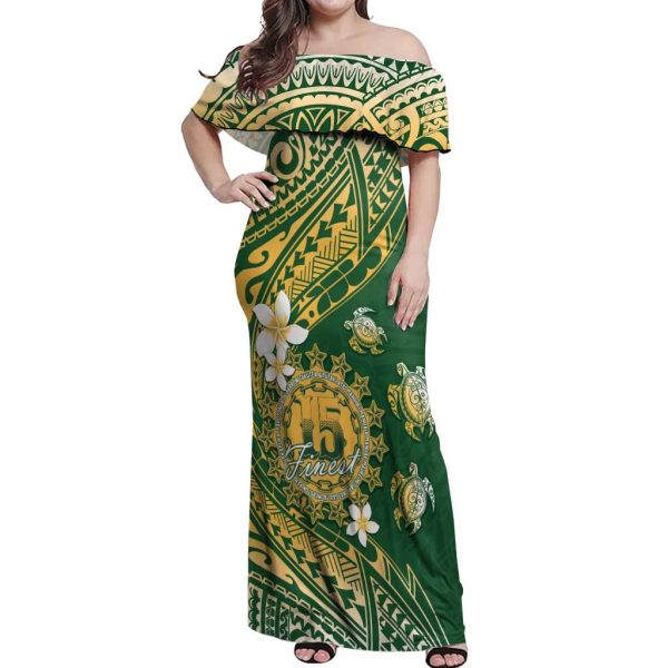 Cook Islands 15 Finest Off Shoulder Maxi Dress Plumeria Polynesian Turtle LT05 - Women / 8XL / Green