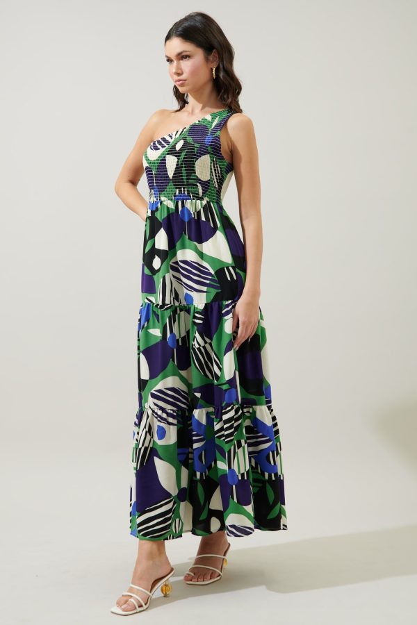Xandria Geometric Smocked One Shoulder Lys Maxi Dress - GREEN-MULTI / L