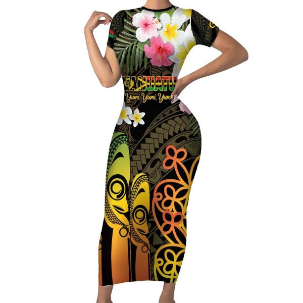 Personalised Vanuatu Independence Day Short Sleeve Bodycon Dress Carving Drum Sand Drawing Turtle LT14 - Long Dress / S / Black