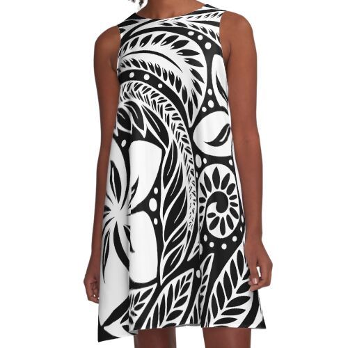 Circular Polynesian White Floral Tattoo A-Line Dress