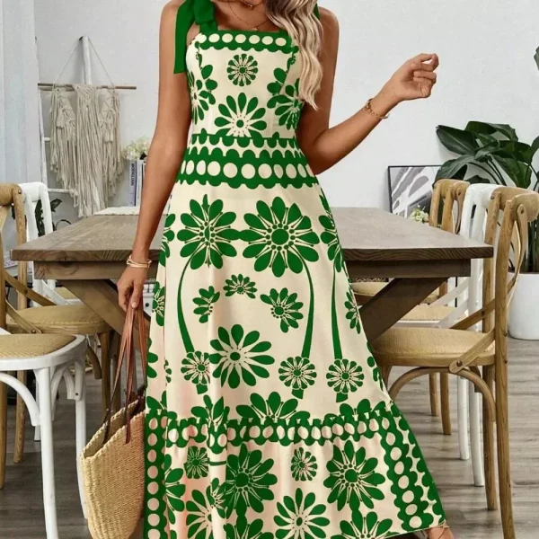 Green Casual Women's Print Laced Shoulder Cut-Out Waist Dress Vacation Beach | Color: Green | Size: Various