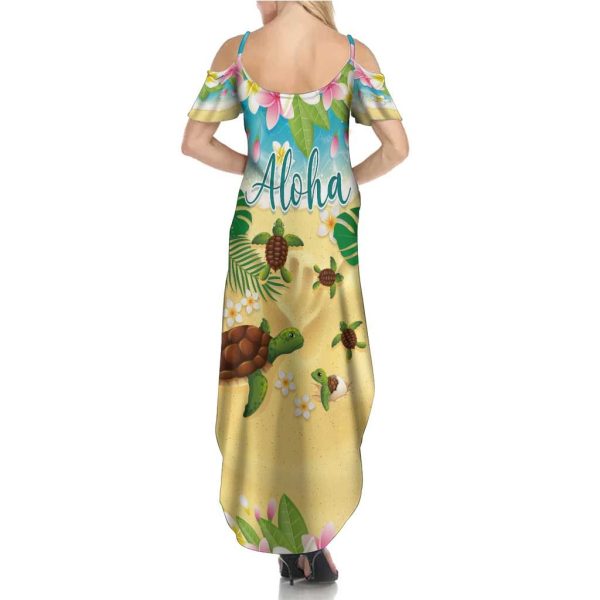 Aloha Turtle Family on The Beach Summer Maxi Dress with Hawaiian Colorful Plumeria LT03 - Women / 5XL / Beige