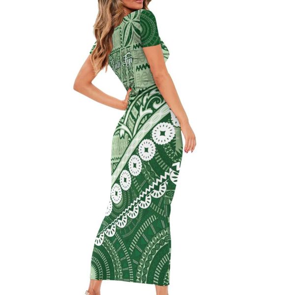 Green Bula Fiji Short Sleeve Bodycon Dress Fijian Language Week Tapa Cloth - Pastel LT14 - Long Dress / S / Green