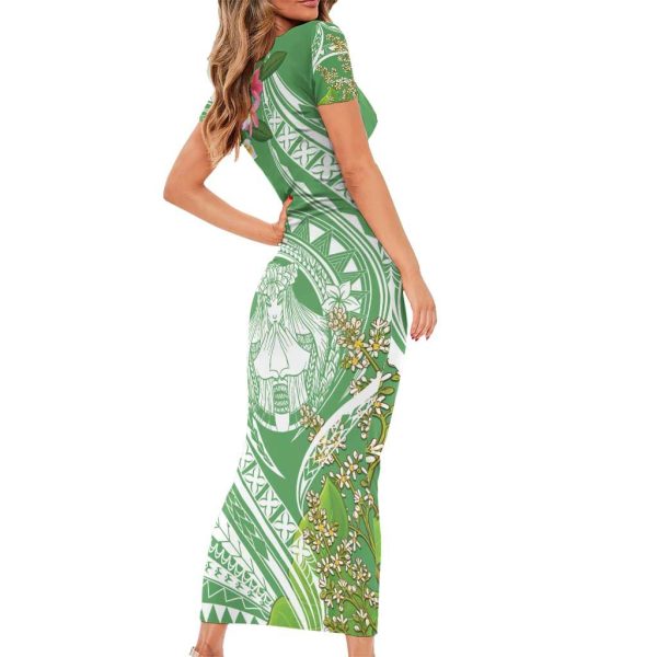 Aloha Molokai Island Short Sleeve Bodycon Dress Hawaii Pua Kukui LT7 - Long Dress / 2XL / Green